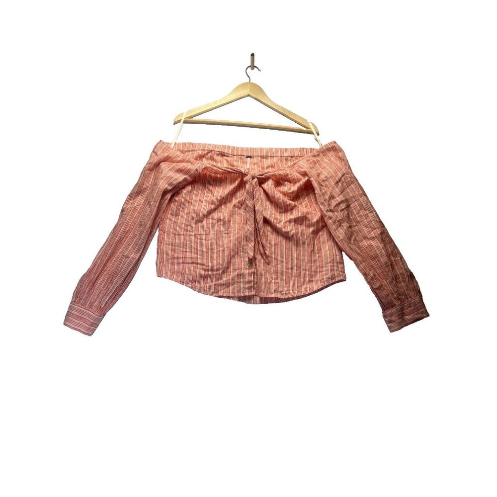 Free People Women Off Shoulder Stripe Cropped Button Front Top Shirt SZ L Peach